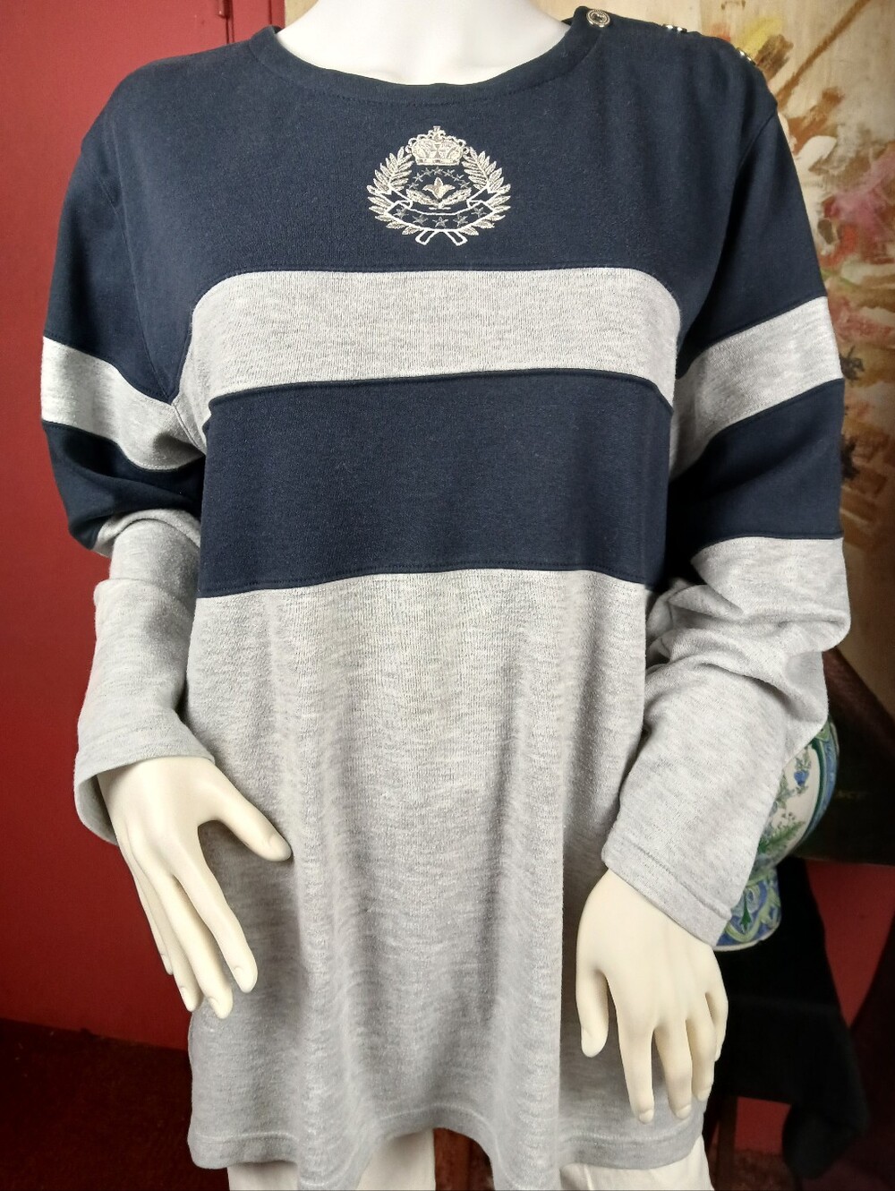 Women"s Navy and Light Gray Striped Crewneck Sweater